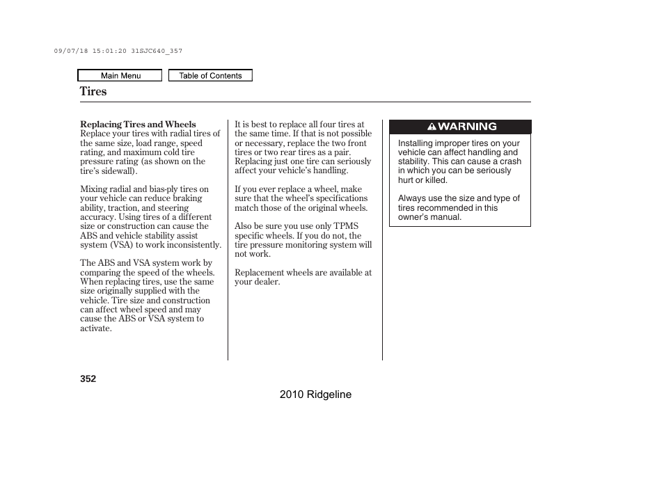 Tires | HONDA 2010 Ridgeline User Manual | Page 356 / 423