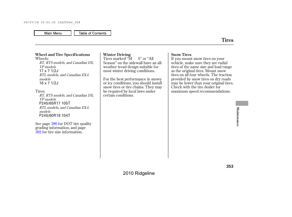 Tires | HONDA 2010 Ridgeline User Manual | Page 357 / 423