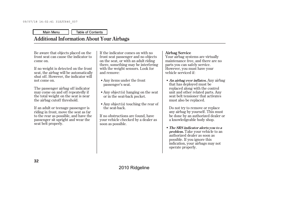 Additional information about your airbags | HONDA 2010 Ridgeline User Manual | Page 36 / 423