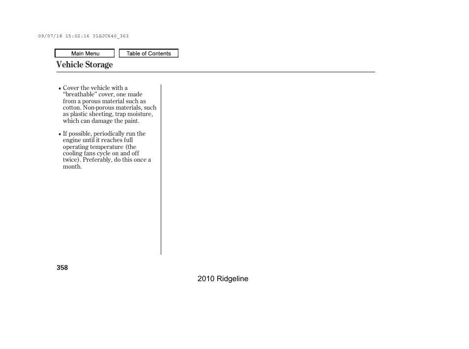 Vehicle storage | HONDA 2010 Ridgeline User Manual | Page 362 / 423