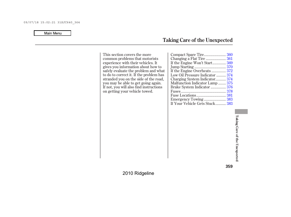 Taking care of the unexpected | HONDA 2010 Ridgeline User Manual | Page 363 / 423