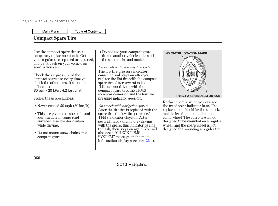 Compact spare tire | HONDA 2010 Ridgeline User Manual | Page 364 / 423