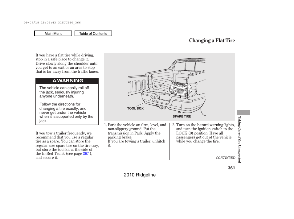 Changing a flat tire, 2010 ridgeline | HONDA 2010 Ridgeline User Manual | Page 365 / 423