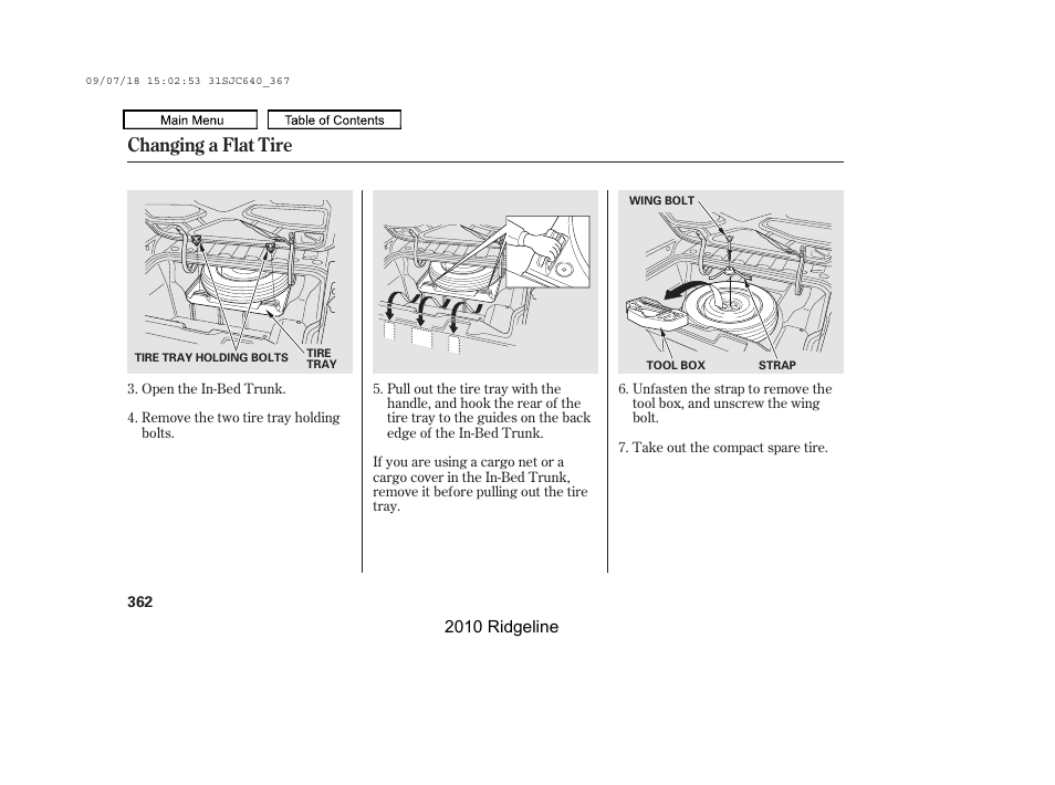 Changing a flat tire | HONDA 2010 Ridgeline User Manual | Page 366 / 423