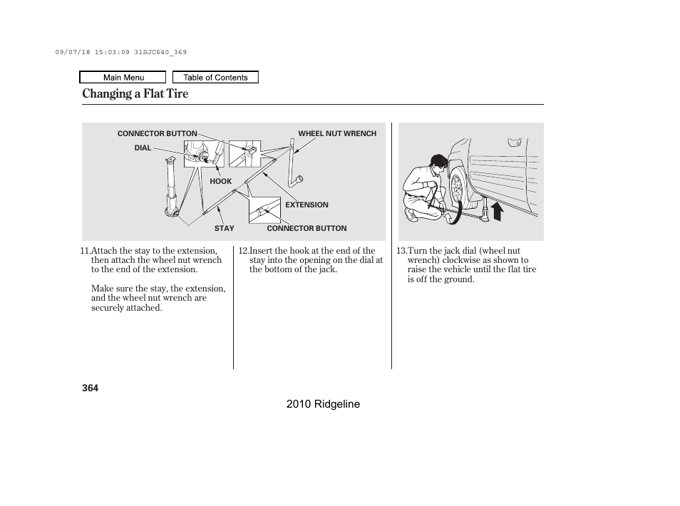 Changing a flat tire | HONDA 2010 Ridgeline User Manual | Page 368 / 423