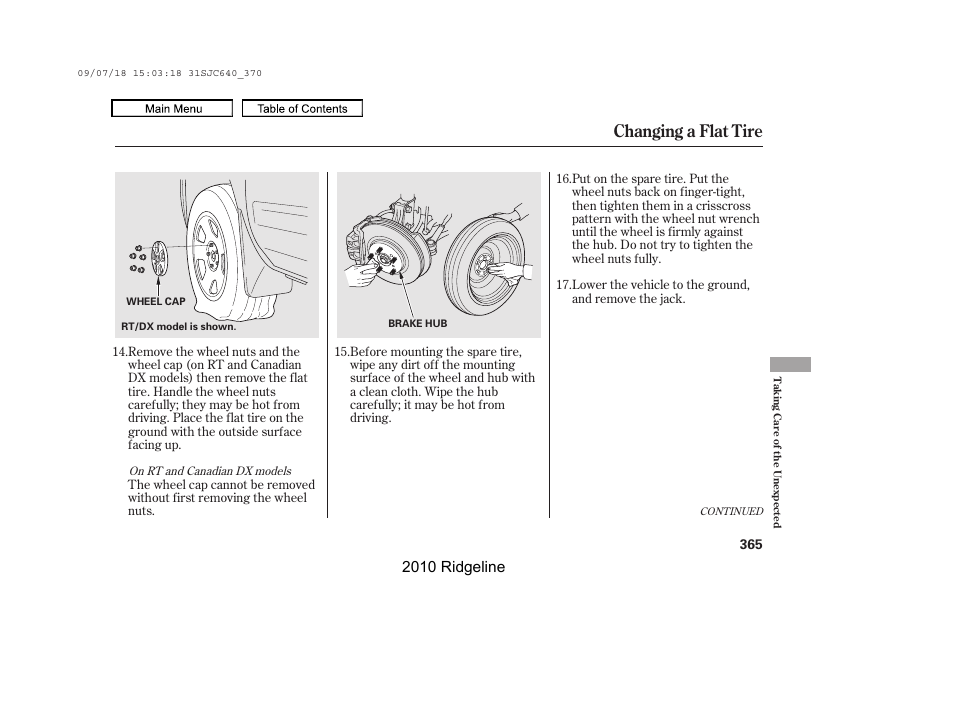 Changing a flat tire, 2010 ridgeline | HONDA 2010 Ridgeline User Manual | Page 369 / 423