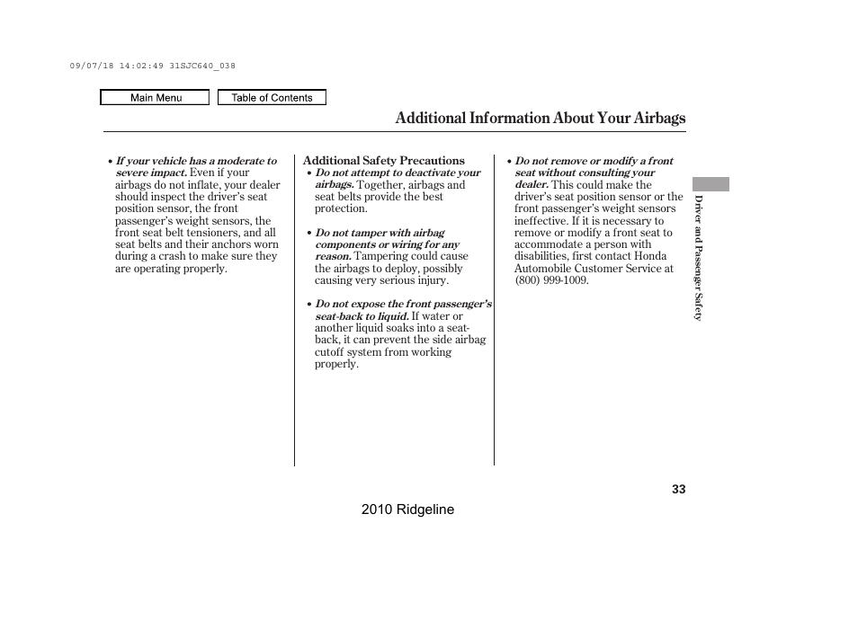 Additional information about your airbags | HONDA 2010 Ridgeline User Manual | Page 37 / 423