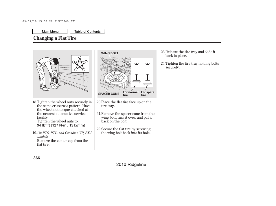 Changing a flat tire | HONDA 2010 Ridgeline User Manual | Page 370 / 423