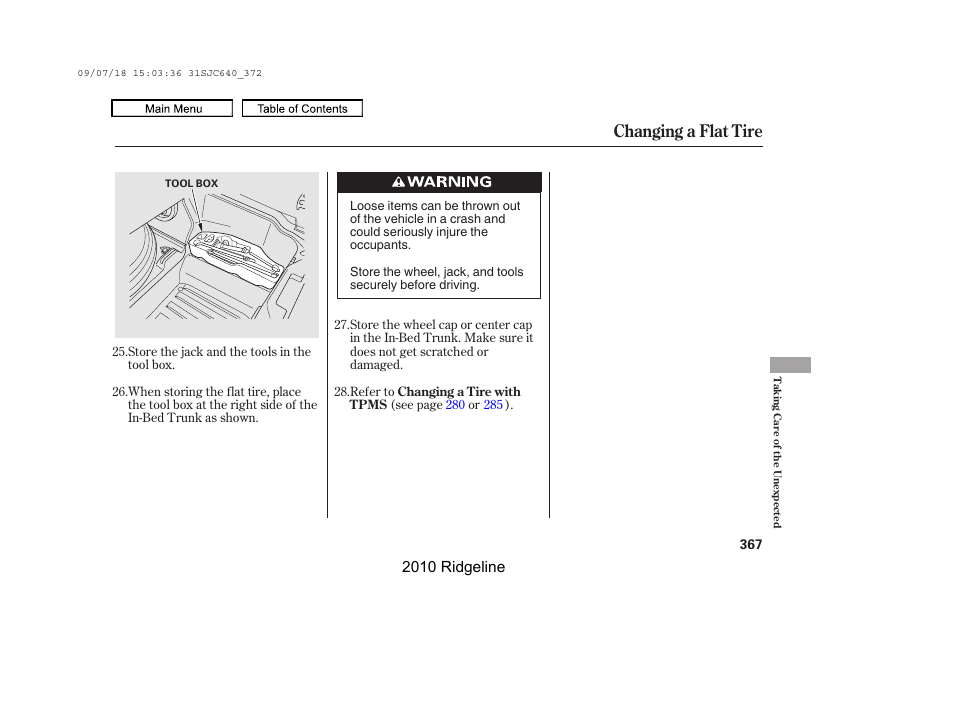 Changing a flat tire, 2010 ridgeline | HONDA 2010 Ridgeline User Manual | Page 371 / 423