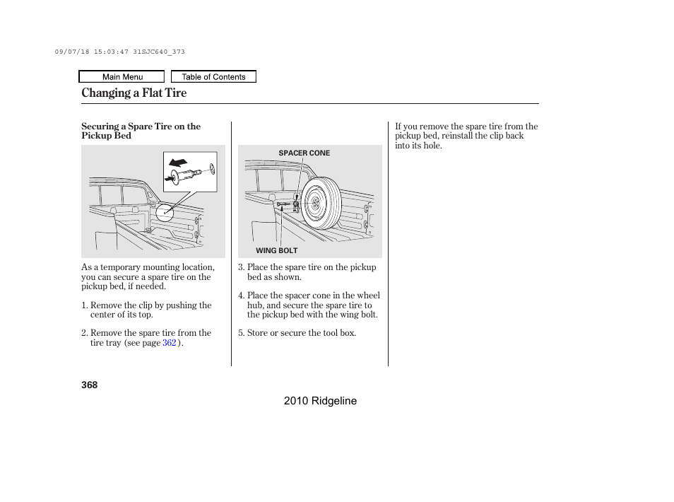 Changing a flat tire | HONDA 2010 Ridgeline User Manual | Page 372 / 423