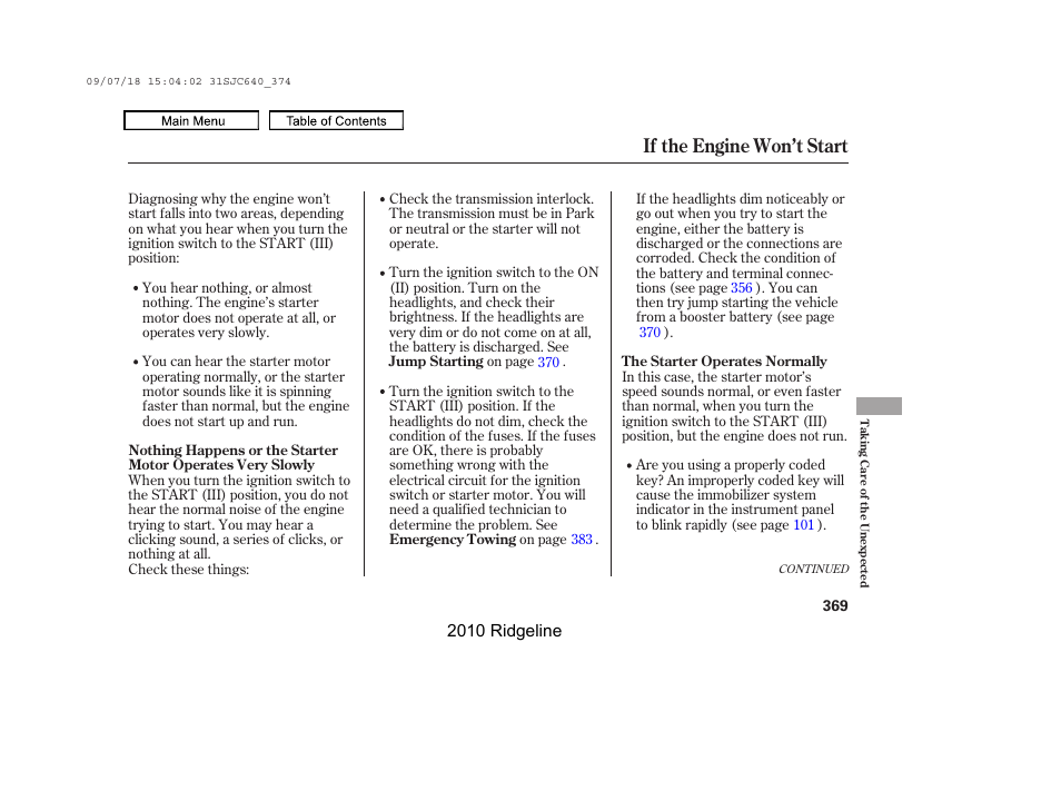 If the engine won’t start, 2010 ridgeline | HONDA 2010 Ridgeline User Manual | Page 373 / 423