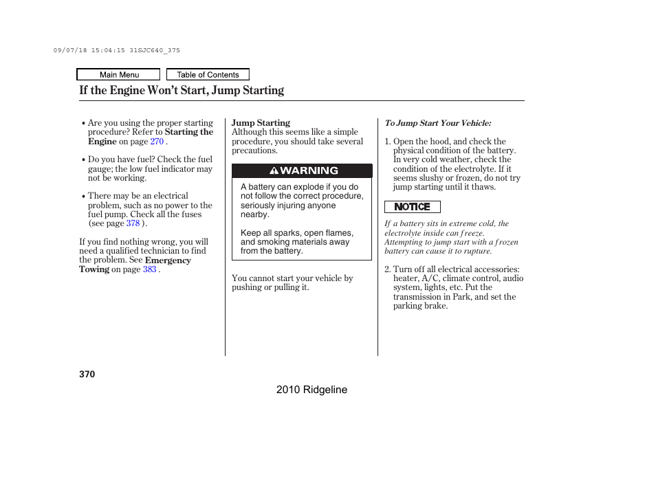 If the engine won’t start, jump starting | HONDA 2010 Ridgeline User Manual | Page 374 / 423