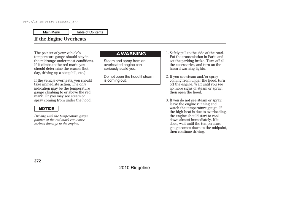 If the engine overheats | HONDA 2010 Ridgeline User Manual | Page 376 / 423