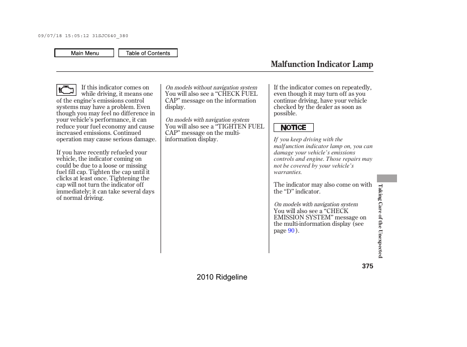 Malfunction indicator lamp, 2010 ridgeline | HONDA 2010 Ridgeline User Manual | Page 379 / 423