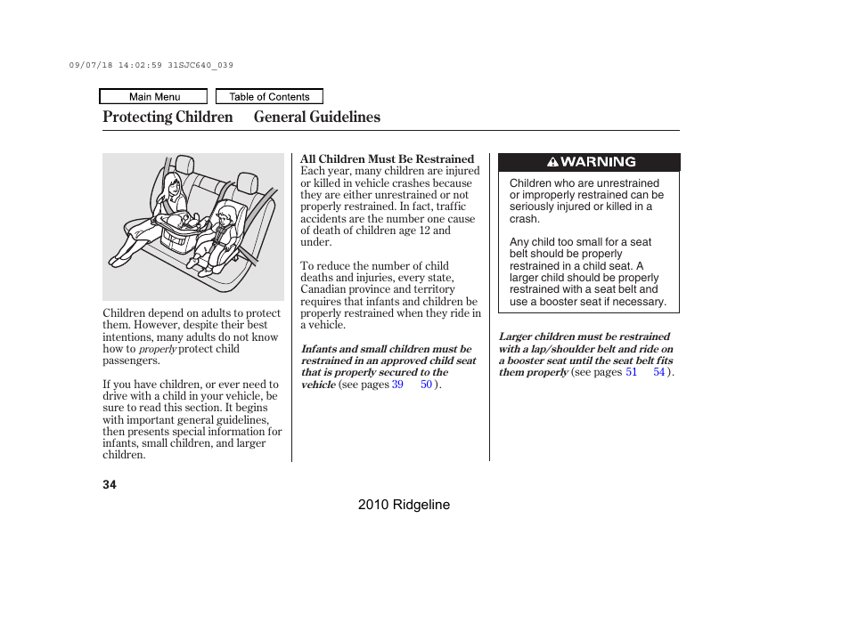 Protecting children general guidelines | HONDA 2010 Ridgeline User Manual | Page 38 / 423