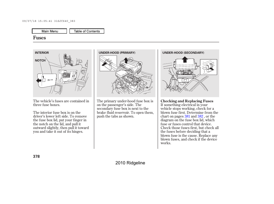 Fuses | HONDA 2010 Ridgeline User Manual | Page 382 / 423