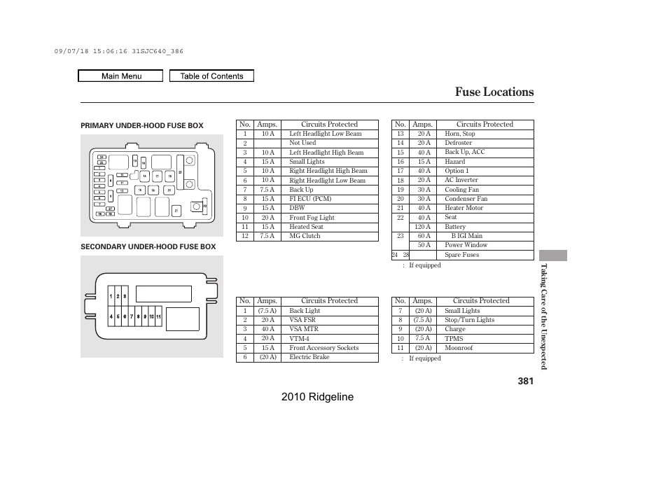 Fuse locations, 2010 ridgeline | HONDA 2010 Ridgeline User Manual | Page 385 / 423