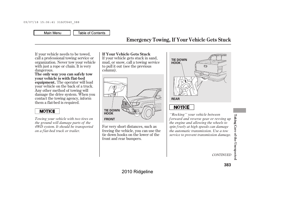 Emergency towing, if your vehicle gets stuck, 2010 ridgeline | HONDA 2010 Ridgeline User Manual | Page 387 / 423