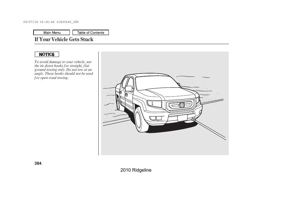 If your vehicle gets stuck | HONDA 2010 Ridgeline User Manual | Page 388 / 423