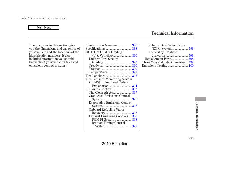 Technical information | HONDA 2010 Ridgeline User Manual | Page 389 / 423