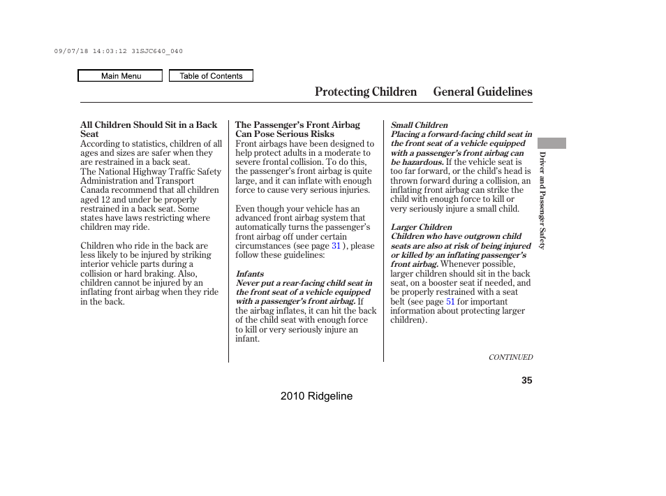 Protecting children general guidelines | HONDA 2010 Ridgeline User Manual | Page 39 / 423