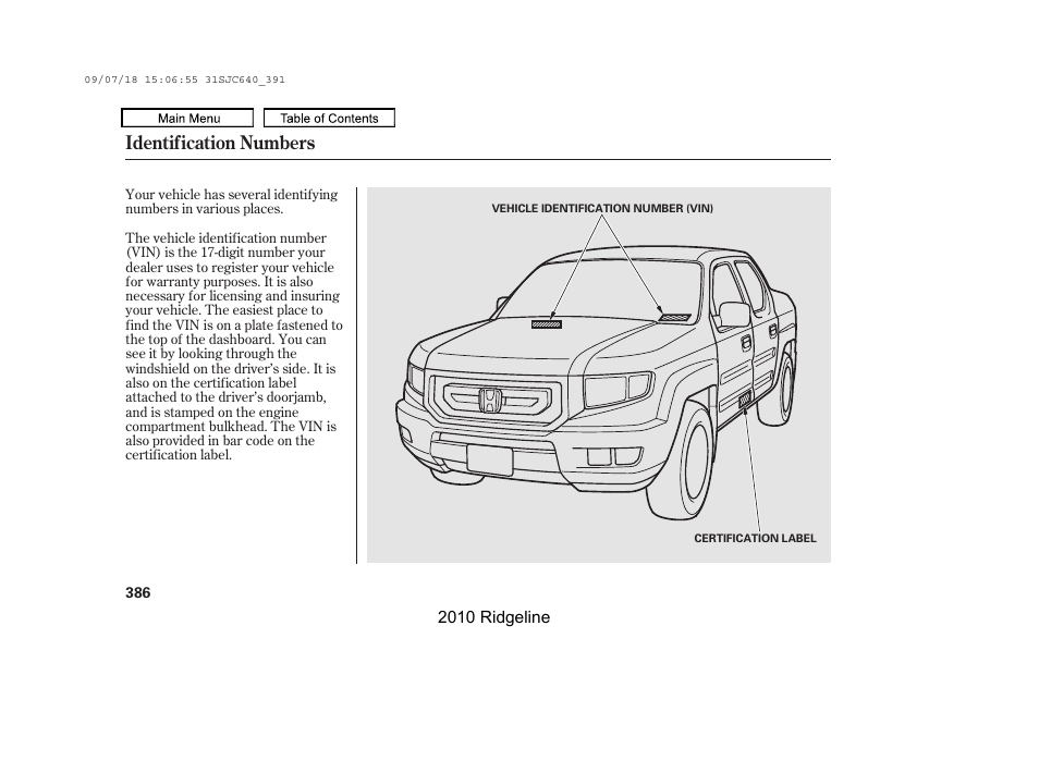 Identification numbers | HONDA 2010 Ridgeline User Manual | Page 390 / 423