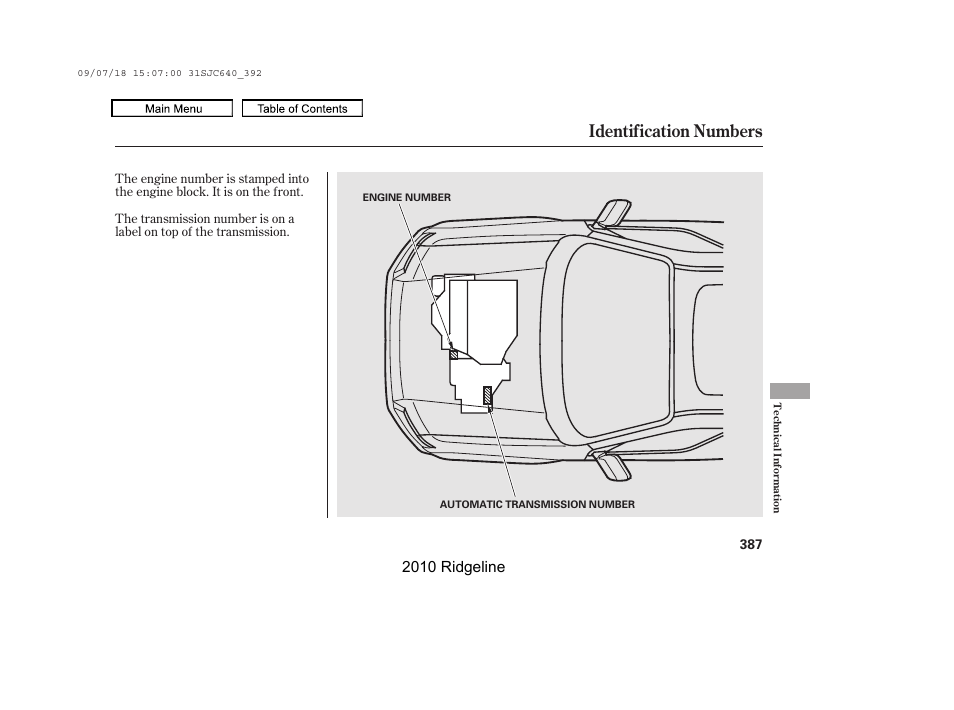 Identification numbers, 2010 ridgeline | HONDA 2010 Ridgeline User Manual | Page 391 / 423