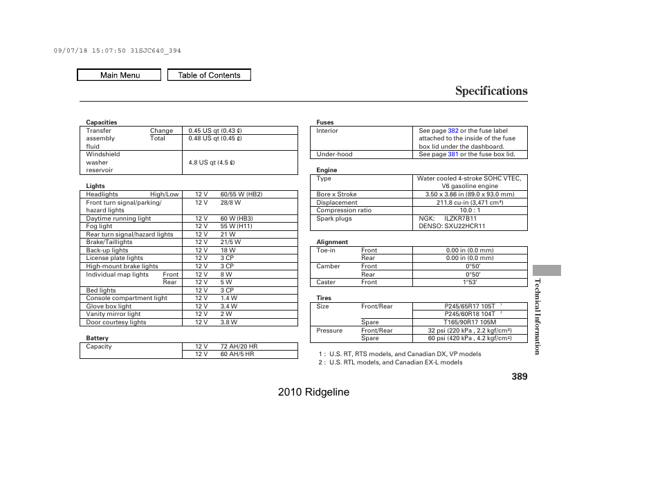 Specifications, 2010 ridgeline | HONDA 2010 Ridgeline User Manual | Page 393 / 423