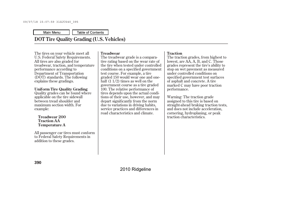 Dot tire quality grading (u.s. vehicles) | HONDA 2010 Ridgeline User Manual | Page 394 / 423