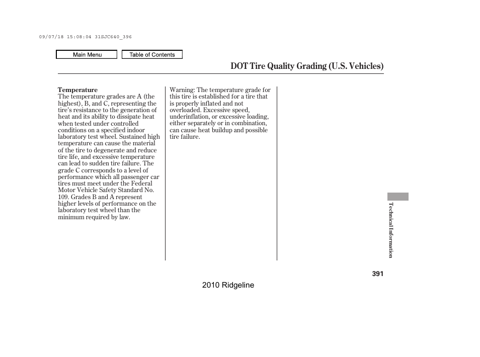 Dot tire quality grading (u.s. vehicles) | HONDA 2010 Ridgeline User Manual | Page 395 / 423