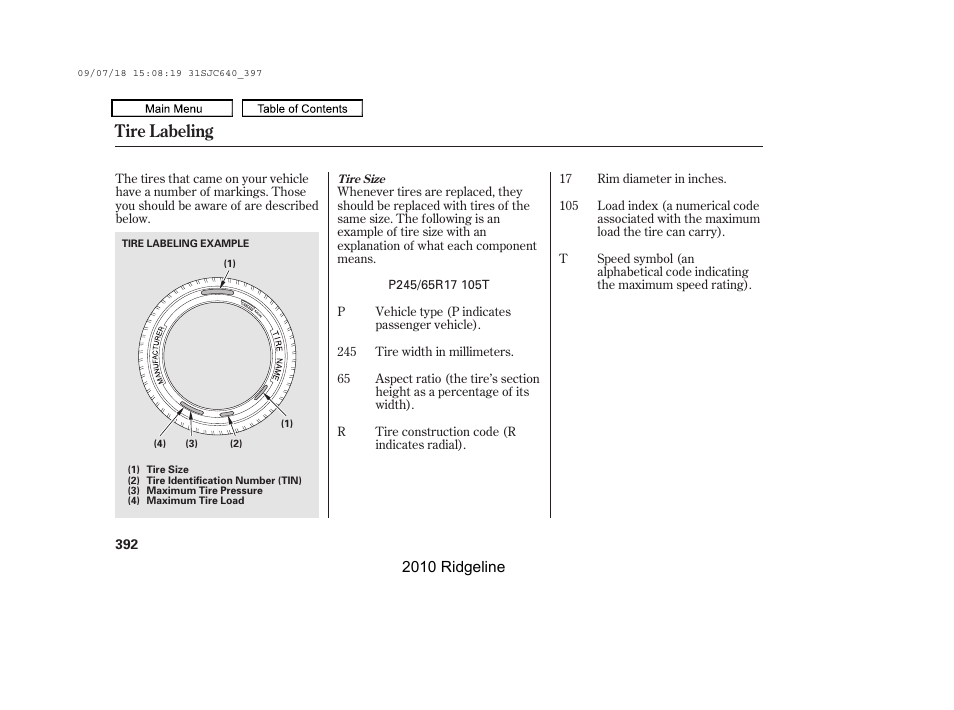 Tire labeling | HONDA 2010 Ridgeline User Manual | Page 396 / 423