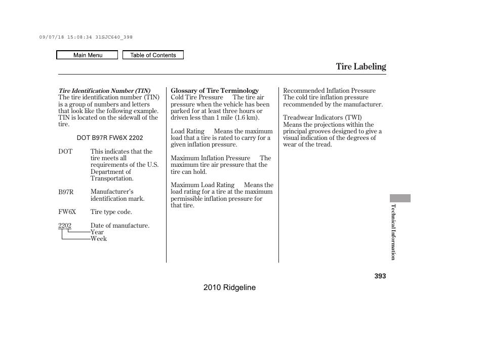 Tire labeling | HONDA 2010 Ridgeline User Manual | Page 397 / 423