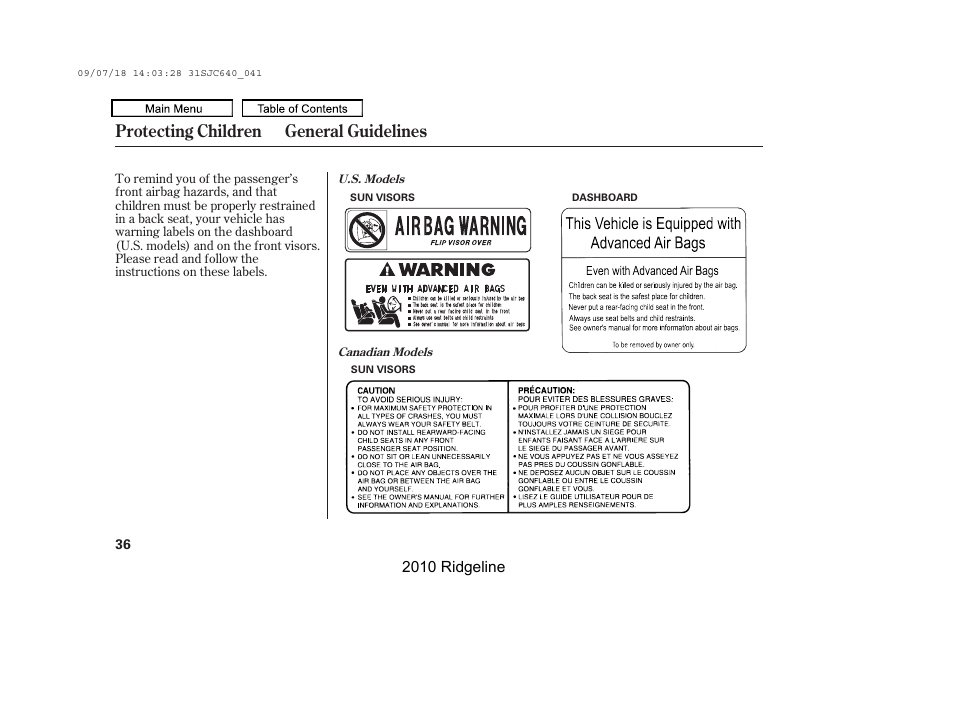 Protecting children general guidelines | HONDA 2010 Ridgeline User Manual | Page 40 / 423