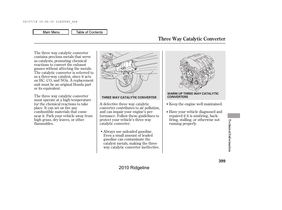 Three way catalytic converter | HONDA 2010 Ridgeline User Manual | Page 403 / 423