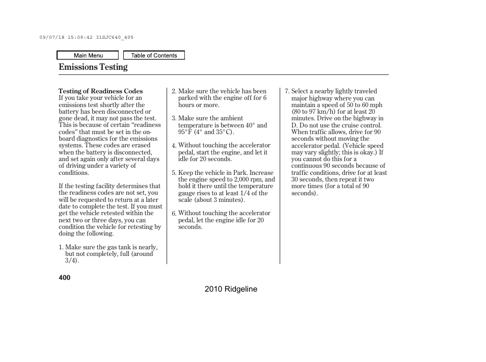 Emissions testing | HONDA 2010 Ridgeline User Manual | Page 404 / 423