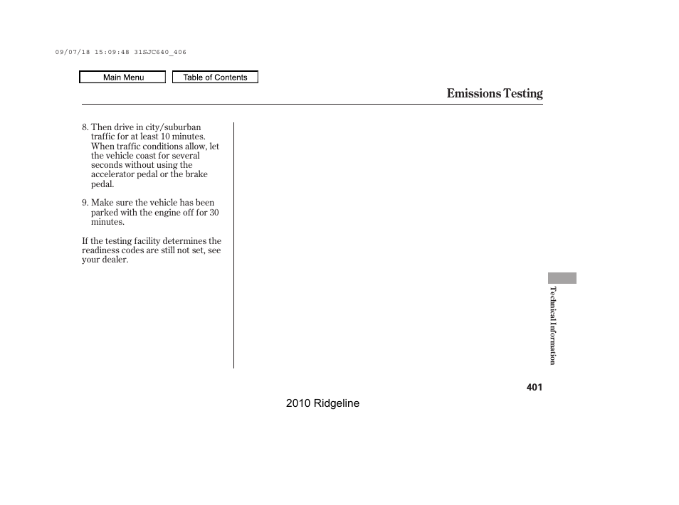 Emissions testing | HONDA 2010 Ridgeline User Manual | Page 405 / 423