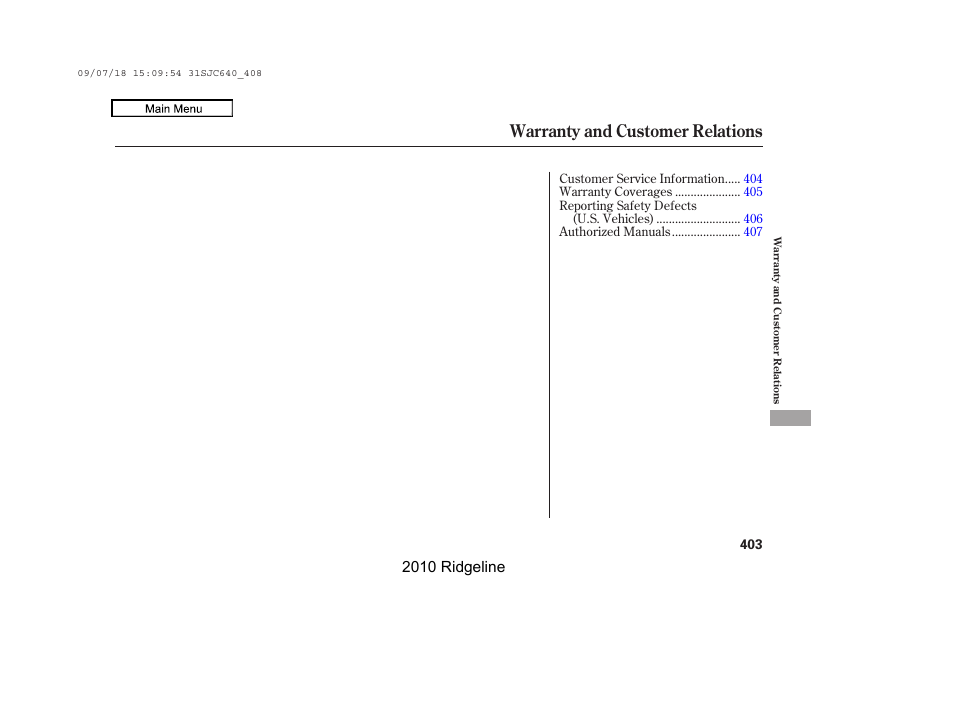 Warranty and customer relations, 2010 ridgeline | HONDA 2010 Ridgeline User Manual | Page 407 / 423