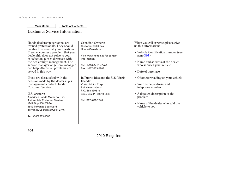 Customer service information | HONDA 2010 Ridgeline User Manual | Page 408 / 423