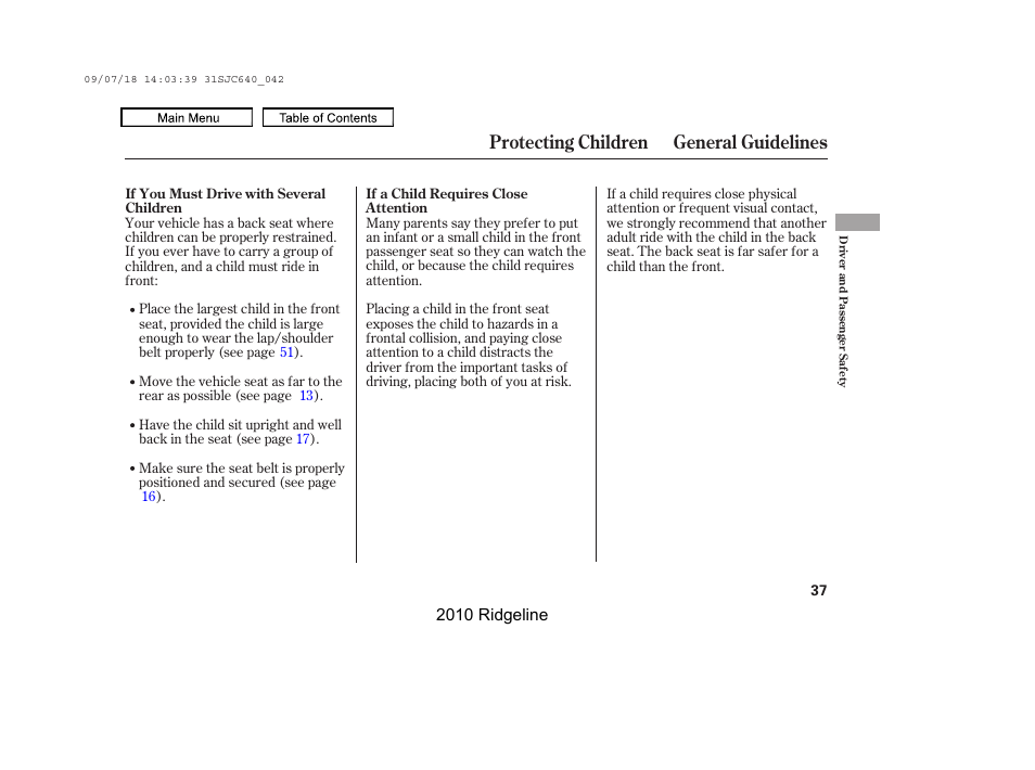 Protecting children general guidelines | HONDA 2010 Ridgeline User Manual | Page 41 / 423