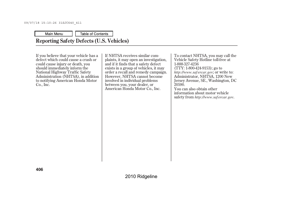 Reporting safety defects (u.s. vehicles) | HONDA 2010 Ridgeline User Manual | Page 410 / 423