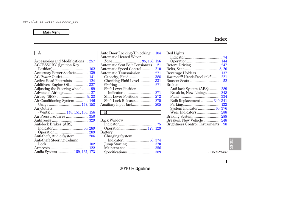 Index | HONDA 2010 Ridgeline User Manual | Page 412 / 423