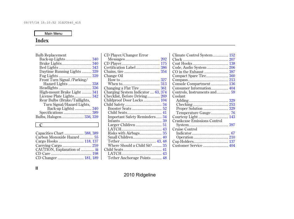 Index | HONDA 2010 Ridgeline User Manual | Page 413 / 423