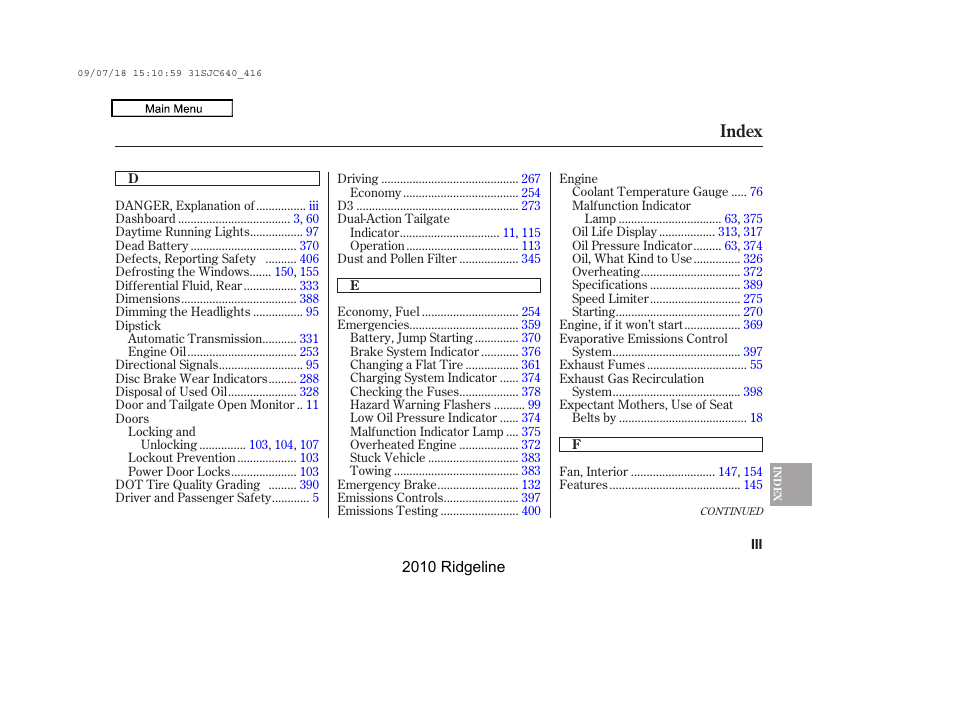 Index | HONDA 2010 Ridgeline User Manual | Page 414 / 423