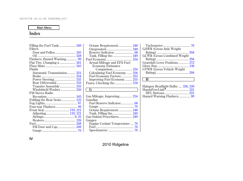 Index | HONDA 2010 Ridgeline User Manual | Page 415 / 423