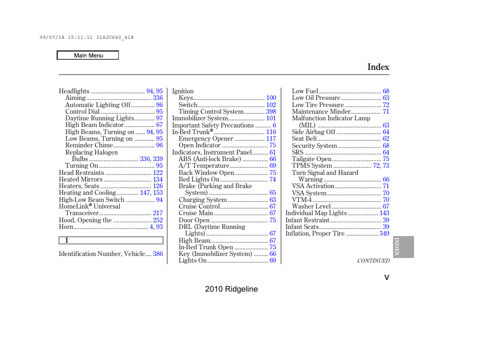 Index | HONDA 2010 Ridgeline User Manual | Page 416 / 423