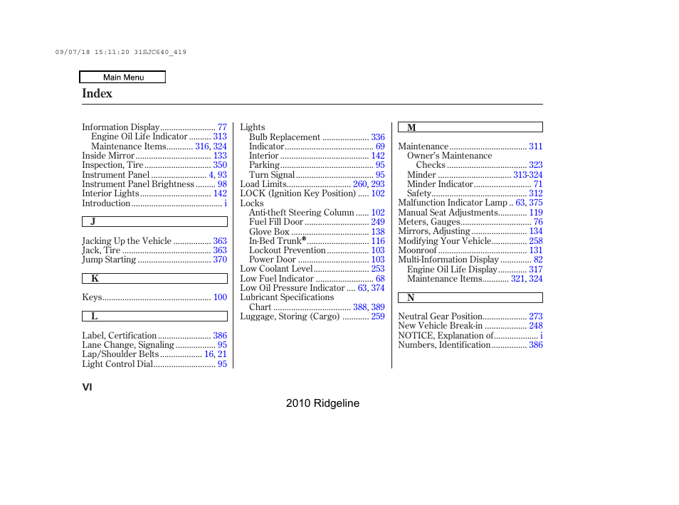 Index | HONDA 2010 Ridgeline User Manual | Page 417 / 423