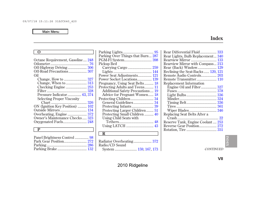 Index | HONDA 2010 Ridgeline User Manual | Page 418 / 423