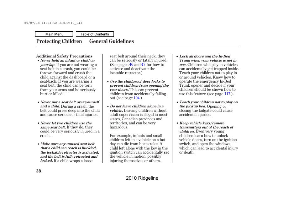 Protecting children general guidelines | HONDA 2010 Ridgeline User Manual | Page 42 / 423