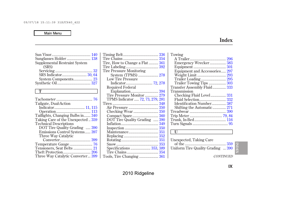 Index | HONDA 2010 Ridgeline User Manual | Page 420 / 423