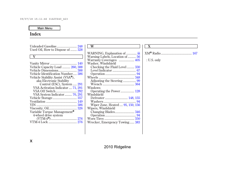 Index | HONDA 2010 Ridgeline User Manual | Page 421 / 423